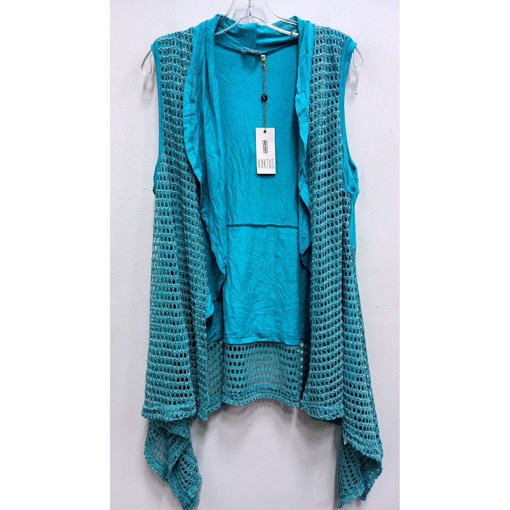 Kaktus Crochet Mesh Sleeveless Cardigan Womens XL Blue Open BOHO Lagenlook NWT